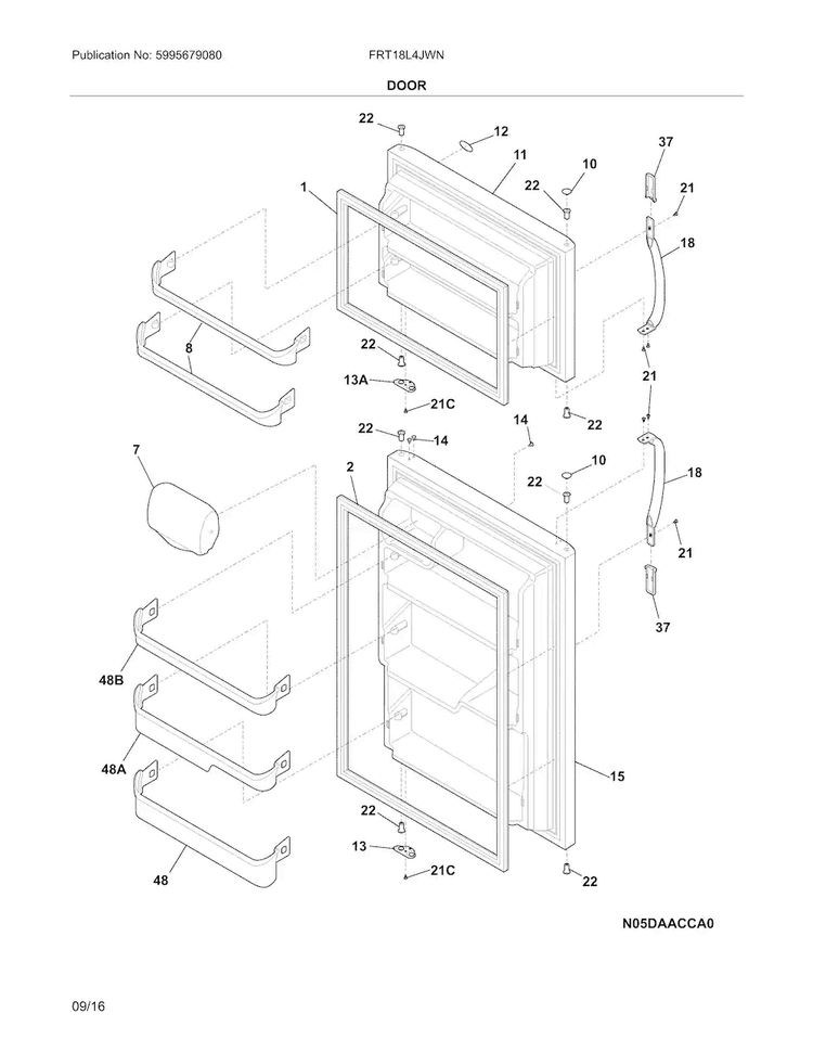 Doors Diagram and Parts List for FRT18L4JWN  Frigidaire Refrigerator