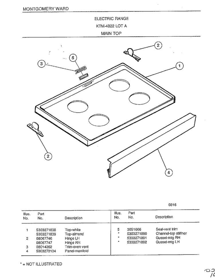 Main Top Diagram and Parts List for 4822A  Frigidaire Range