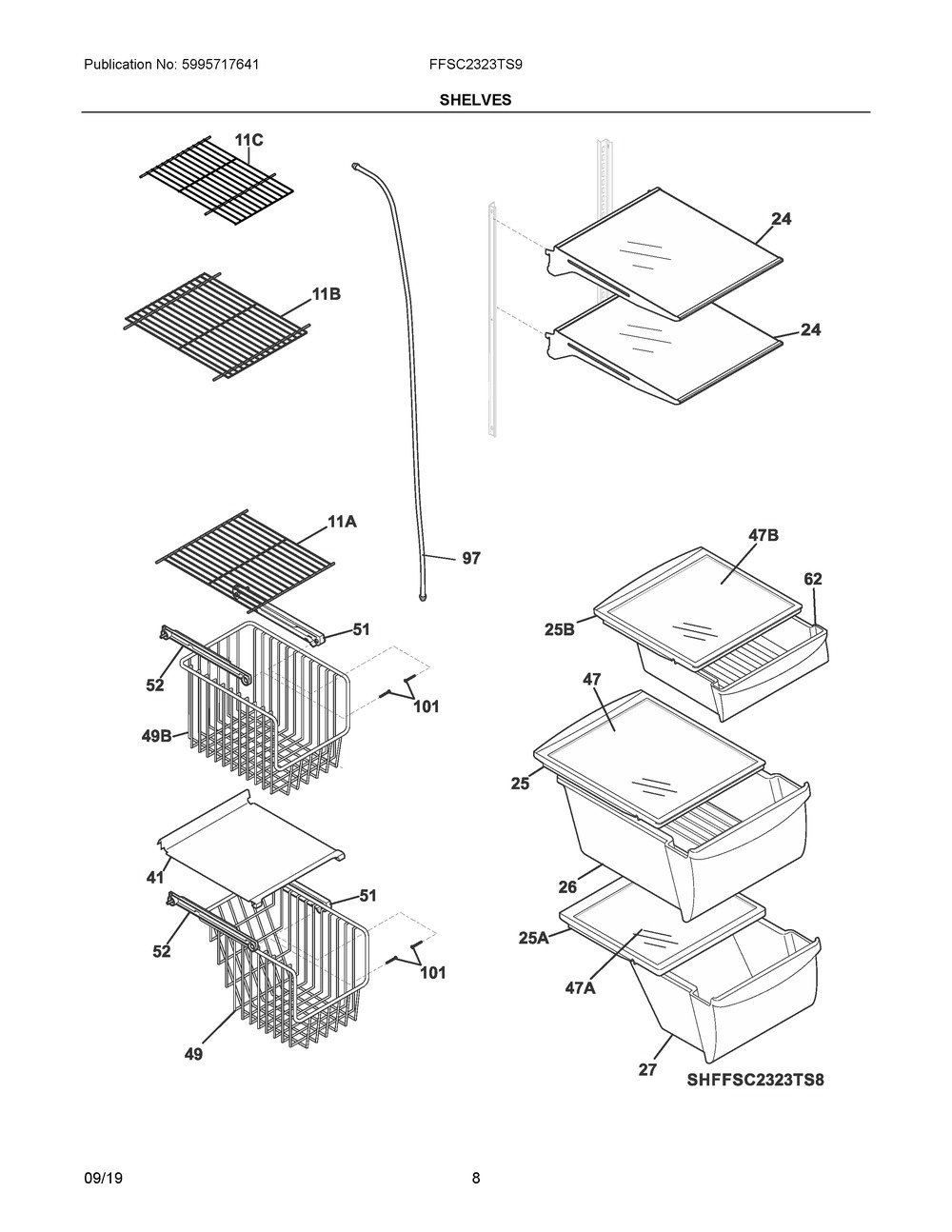 Shelves Diagram and Parts List for FFSC2323TS9  Frigidaire Refrigerator