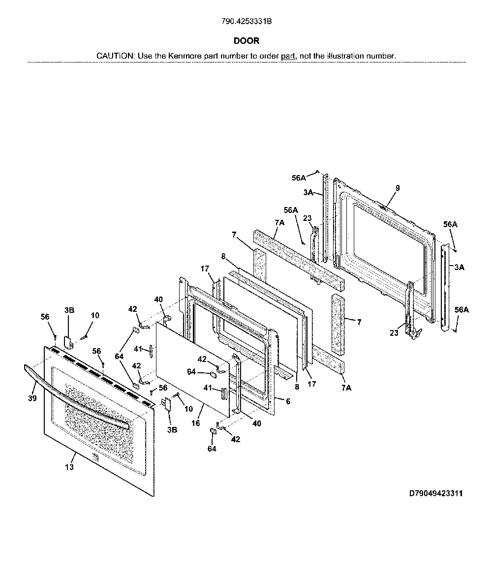 Door Diagram and Parts List for 7904253331B  Kenmore Range