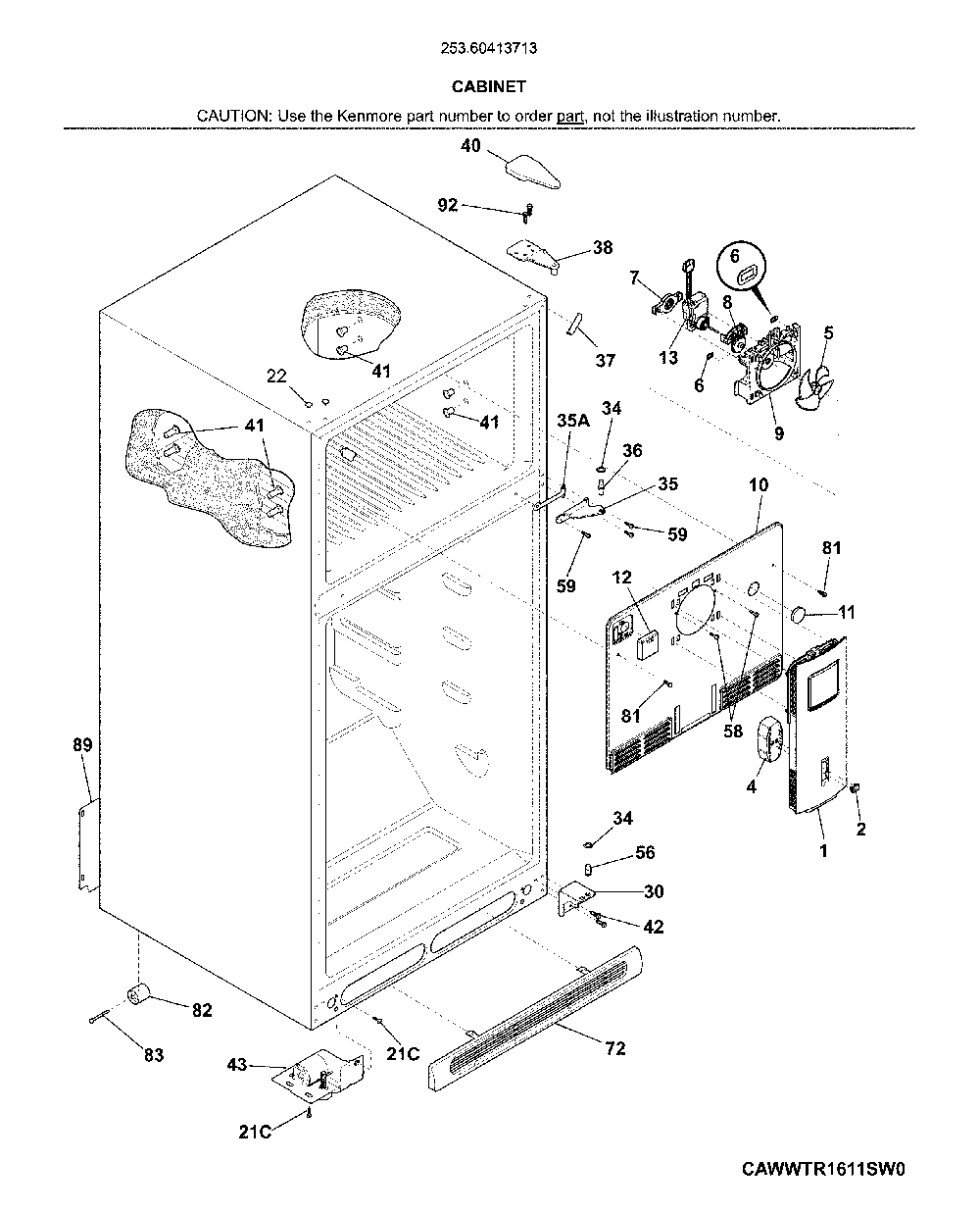 Cabinet Diagram and Parts List for 25360413713  Kenmore Refrigerator