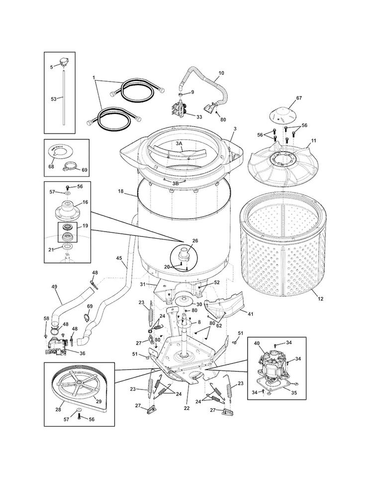 Mtr/tub Diagram and Parts List for CFLE1011MW0  Frigidaire Washer Dryer Combo