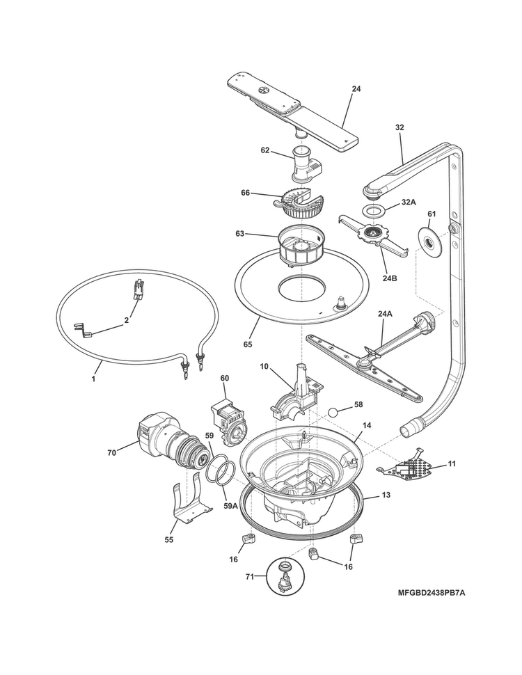 Motor & Pump Diagram and Parts List for FGBD2445NW8A  Frigidaire Dishwasher