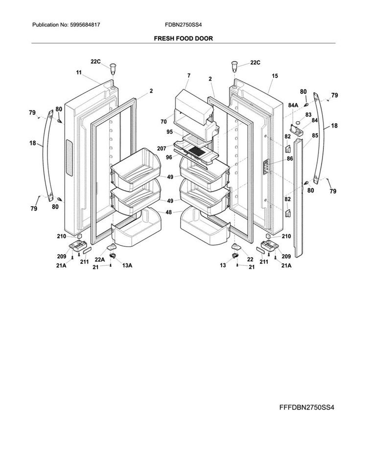 Fresh Food Door Diagram and Parts List for FDBN2750SS4  Frigidaire Refrigerator