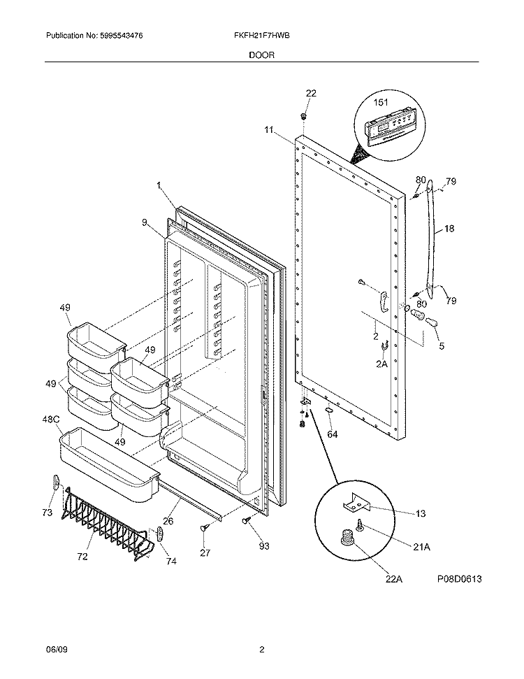 DOOR Diagram and Parts List for FKFH21F7HWB  Frigidaire Freezer