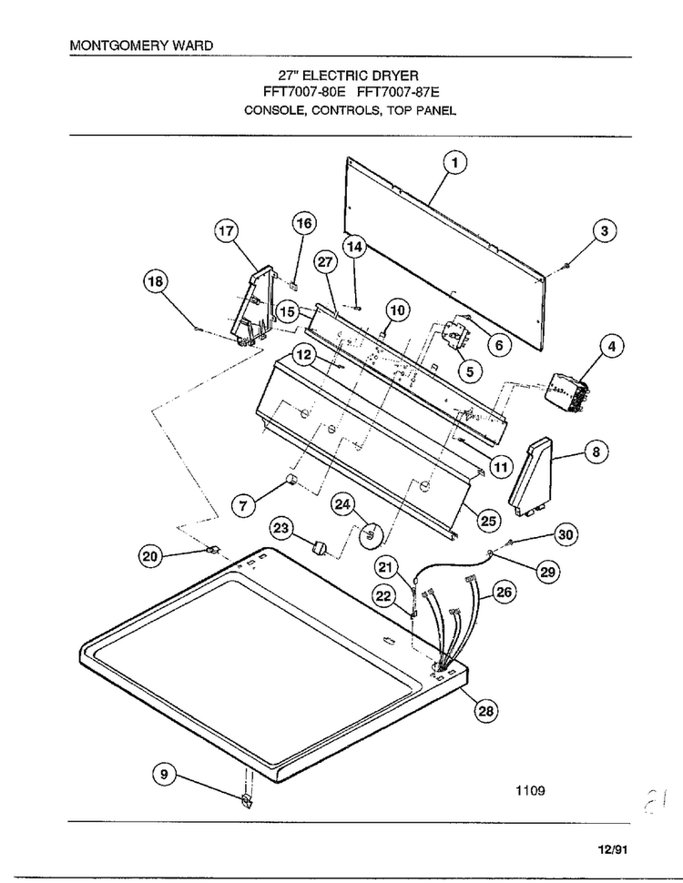 Console/controls/top Panel Diagram and Parts List for 7007-87E  Frigidaire Dryer