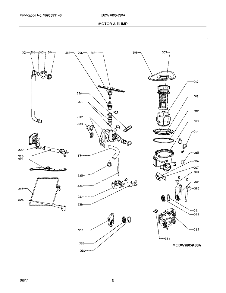 MOTOR & PUMP Diagram and Parts List for EIDW1805KS0A  Electrolux Dishwasher