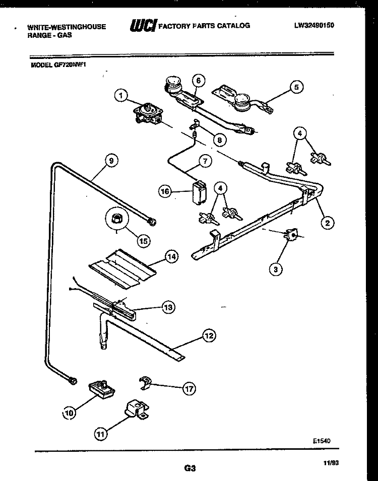 BURNER, MANIFOLD AND GAS CONTROL Diagram and Parts List for GF720NW1  Frigidaire Range