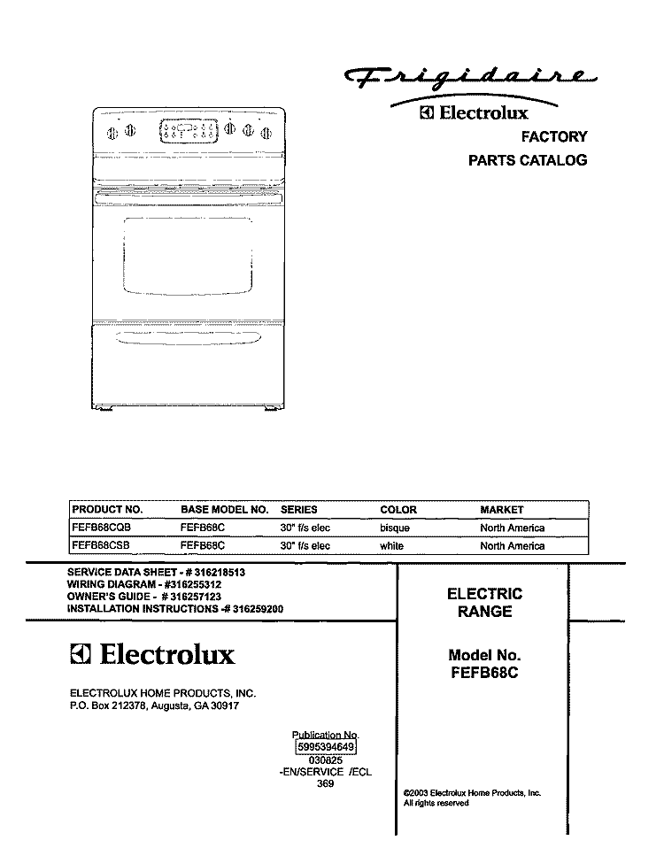 COVER Diagram and Parts List for FEFB68CQB  Frigidaire Range