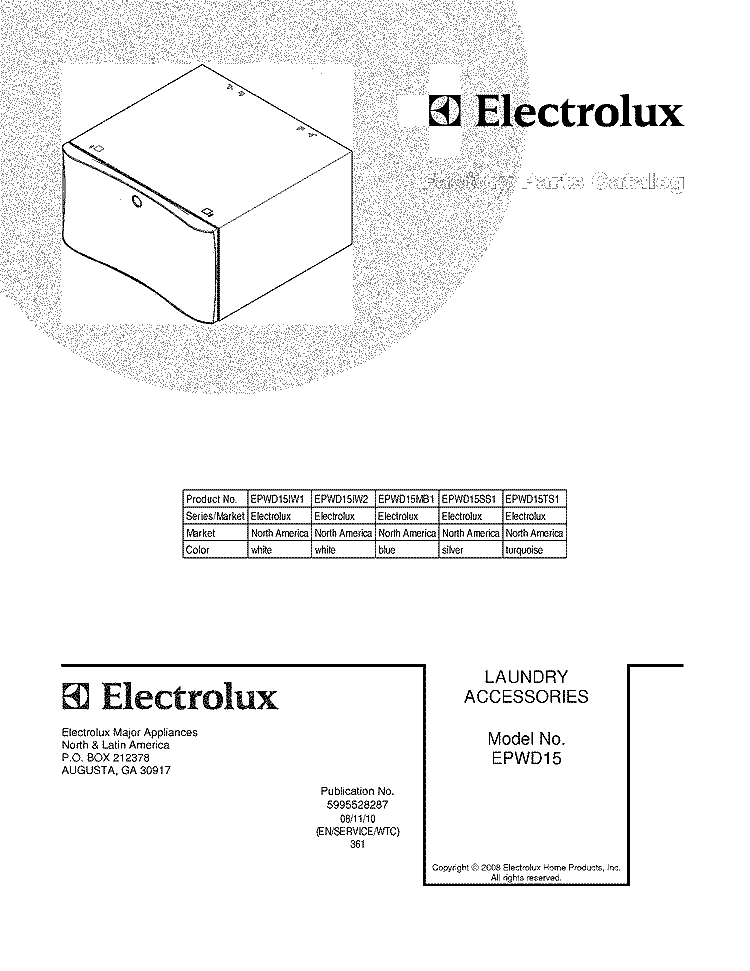 COVER Diagram and Parts List for EPWD15IW2  Electrolux Laundry Accessories