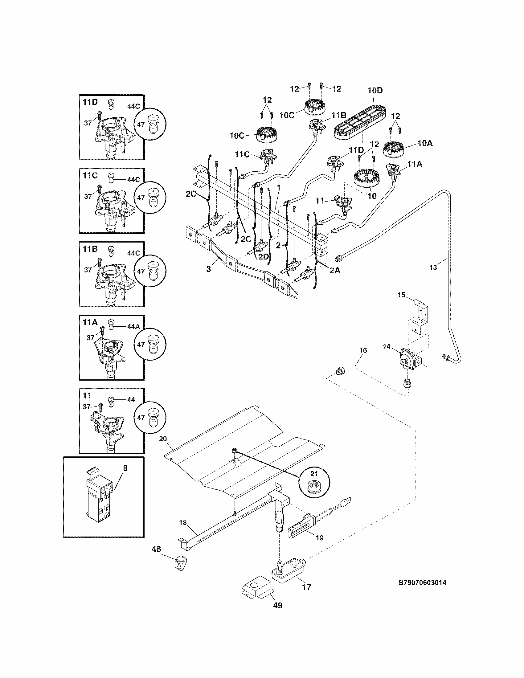 Burner Diagram and Parts List for 79073439310  Kenmore Range