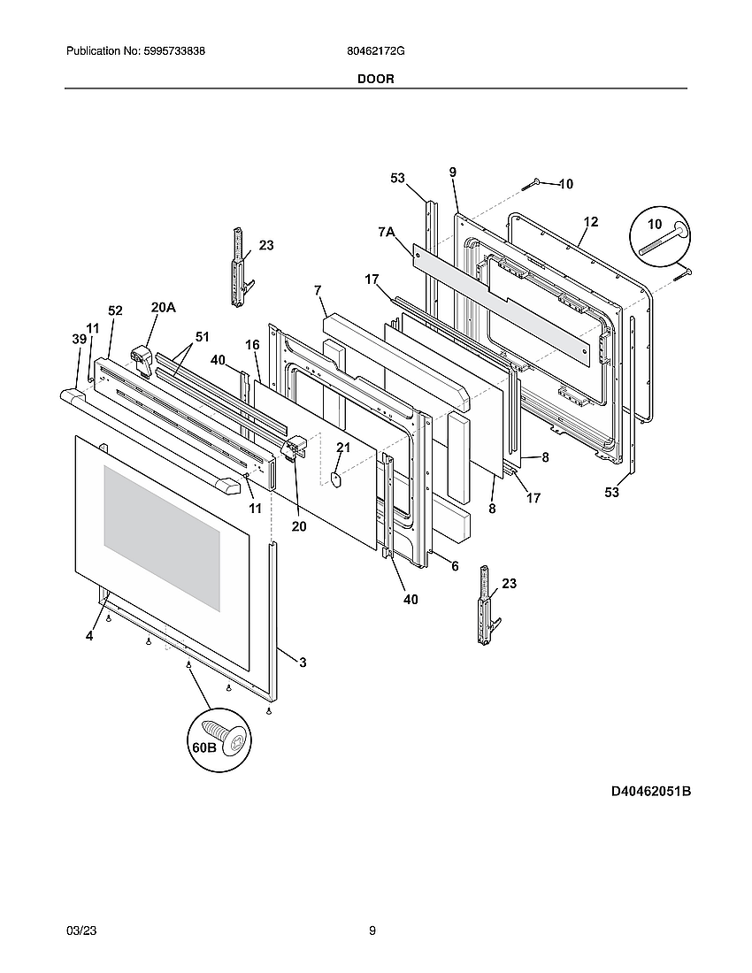 Door Diagram and Parts List for 80462172G  Electrolux Range