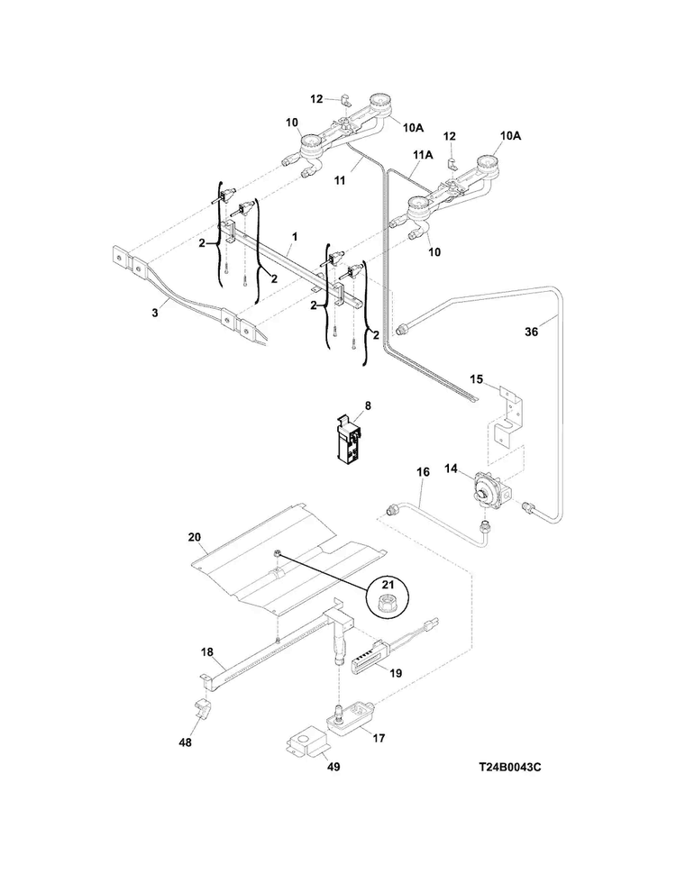 Burner Diagram and Parts List for FFGF3011LWD  Frigidaire Range