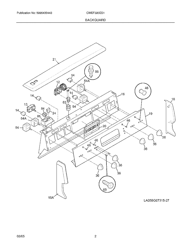 BACKGUARD Diagram and Parts List for CWEF320ES1  Westinghouse Range