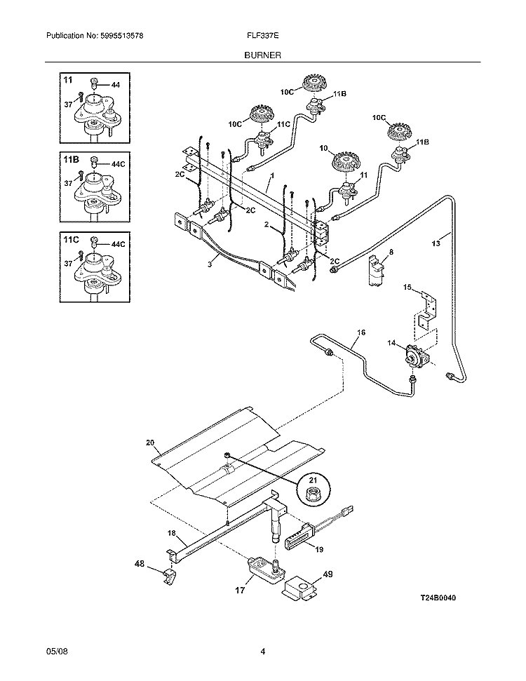 BURNER Diagram and Parts List for FLF337EWE  Frigidaire Range