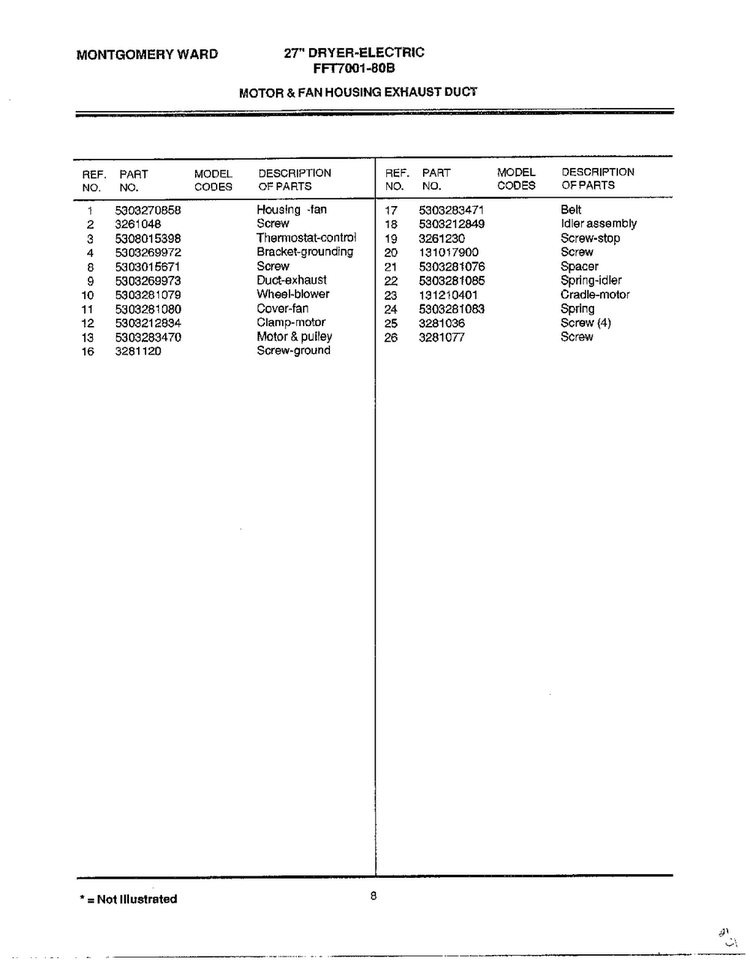 Motor And Fan Housing Exhaust Duct Page 2 Diagram and Parts List for FFT7001-80B  Frigidaire Dryer