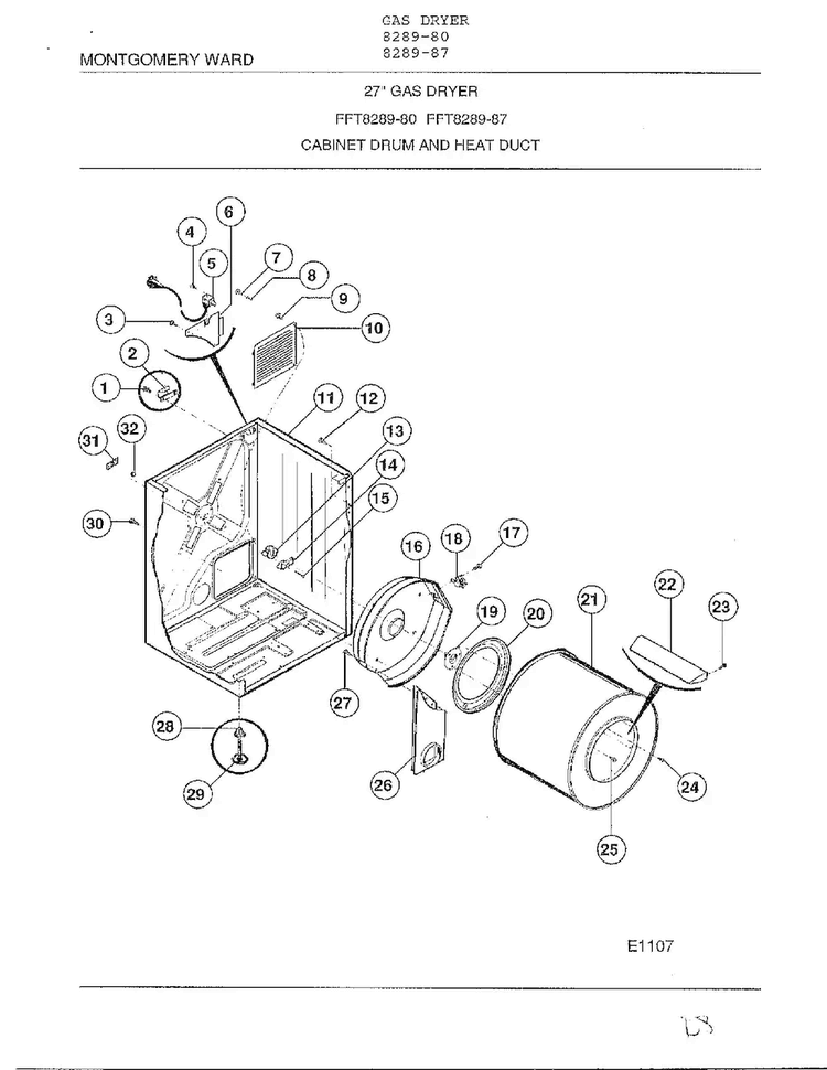 Cabinet Drum And Heat Duct Diagram and Parts List for 8289-87  Frigidaire Dryer