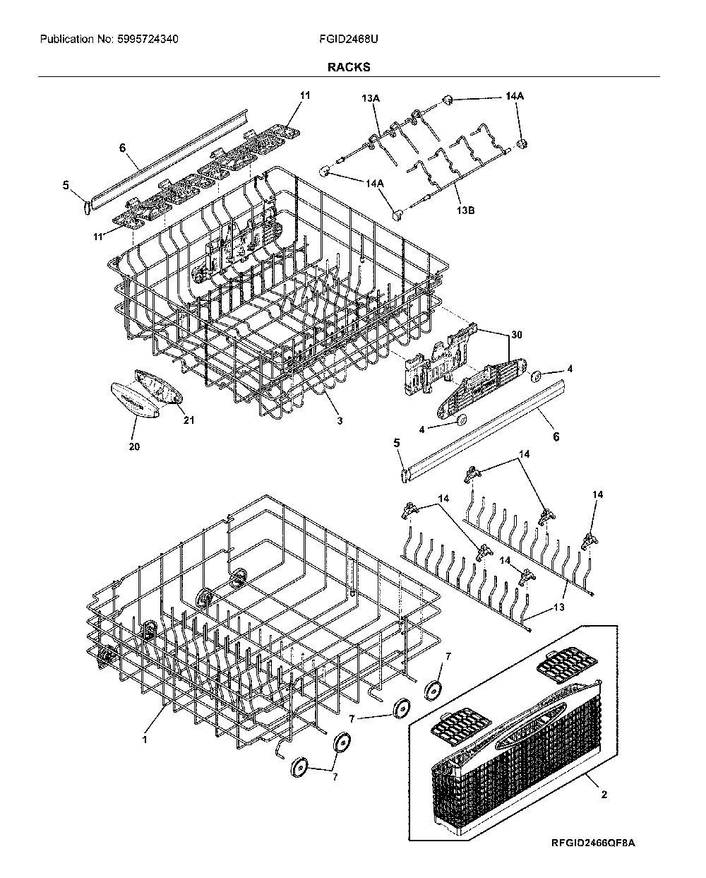 Racks Diagram and Parts List for FGID2468UF2A  Frigidaire Dishwasher