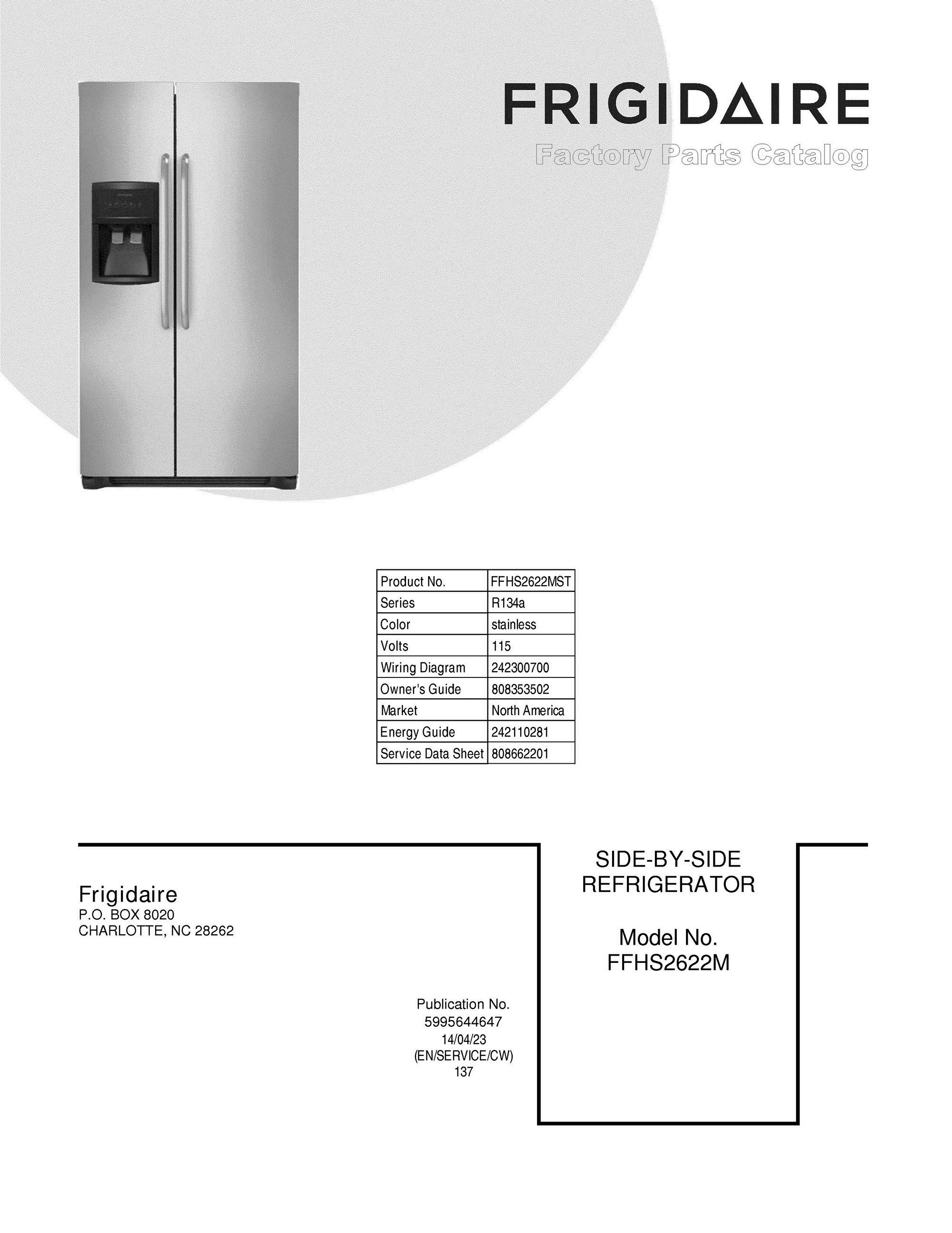 01 - COVER Diagram and Parts List for FFHS2622MST  Frigidaire Refrigerator