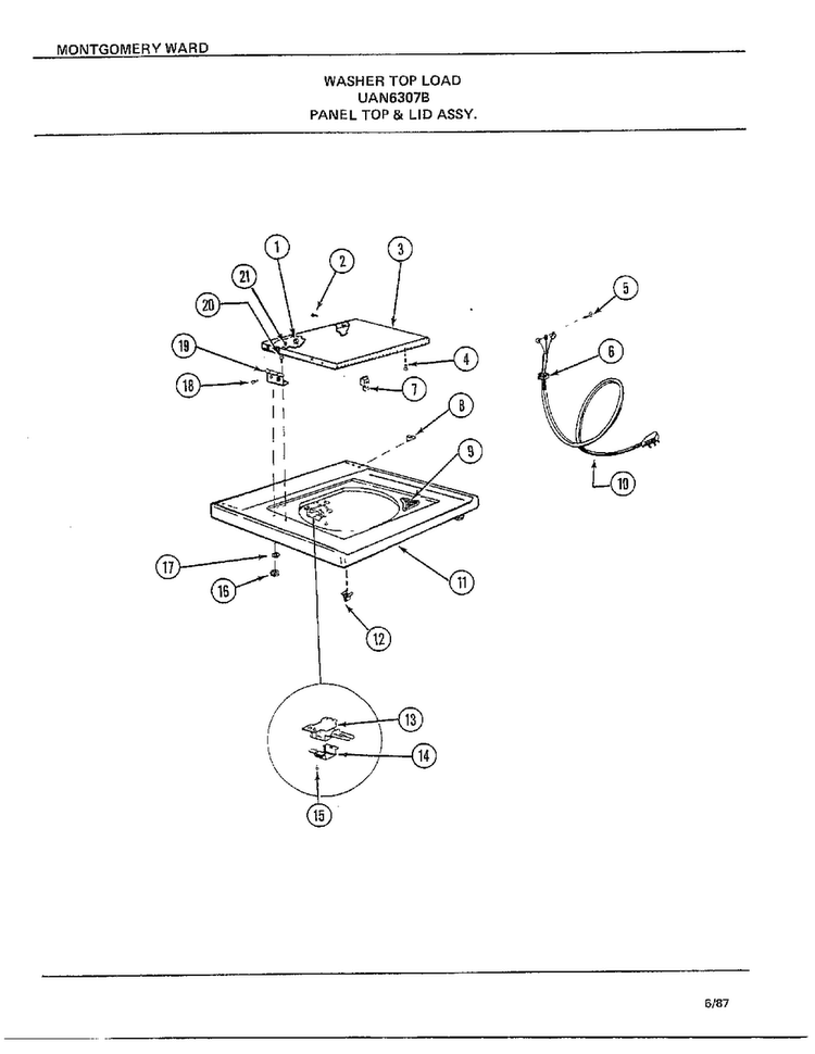 Panel Top And Lid Assy Diagram and Parts List for 6307B  Frigidaire Washer