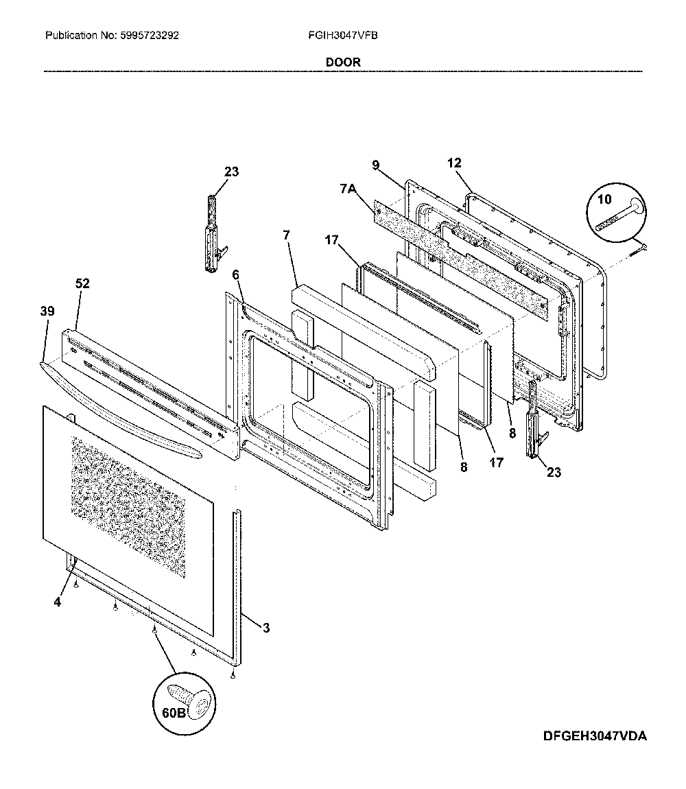 Door Diagram and Parts List for FGIH3047VFB  Frigidaire Range