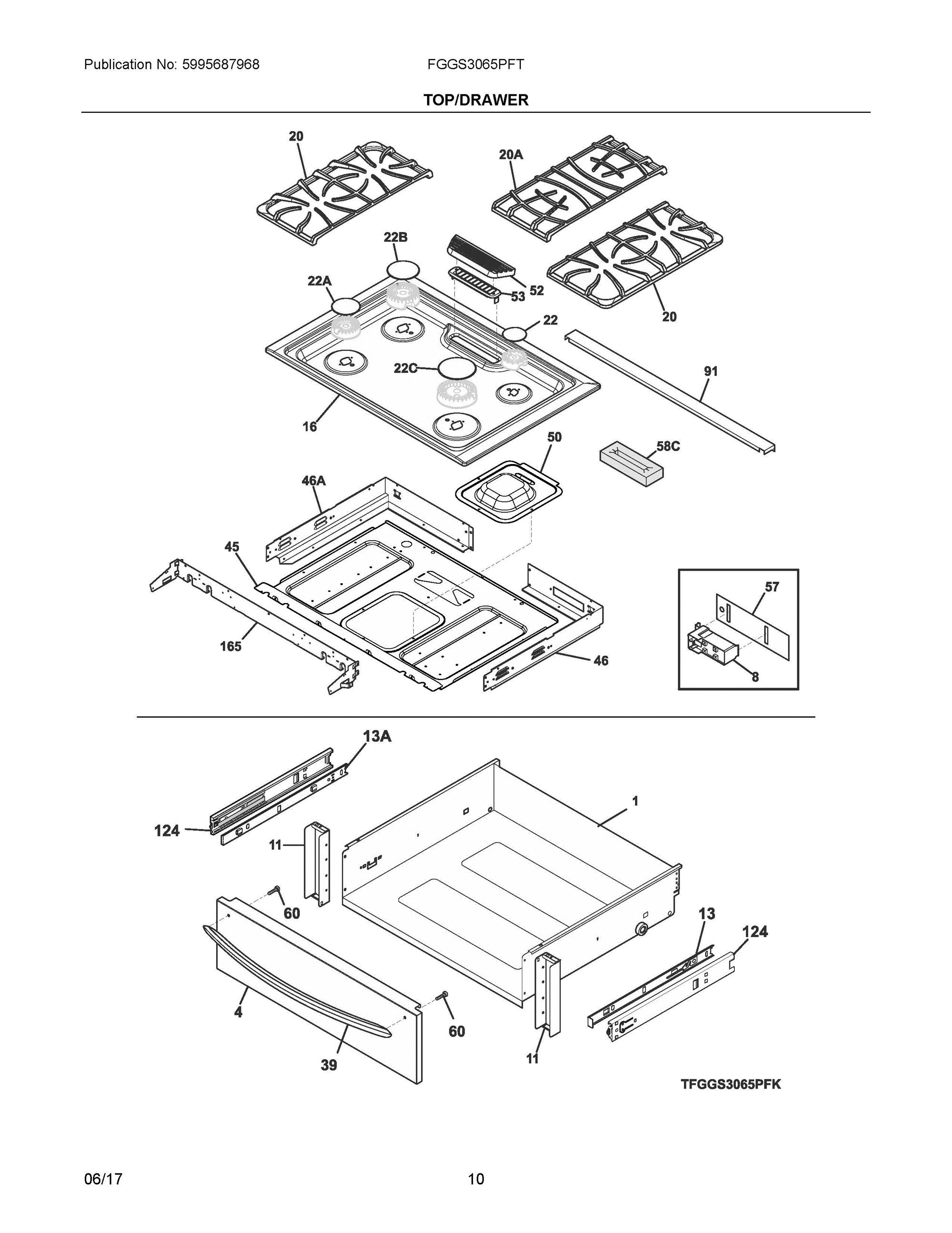 05 - TOP/DRAWER Diagram and Parts List for FGGS3065PFT  Frigidaire Range