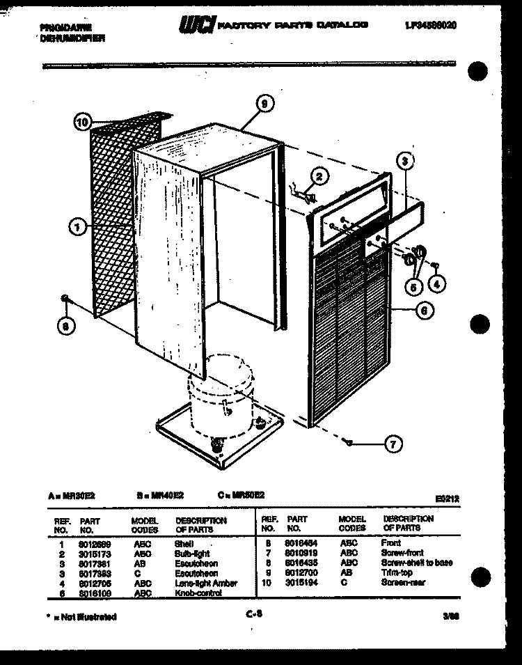 CABINET AND CONTROL PARTS Diagram and Parts List for MR50E2  Frigidaire Dehumidifier
