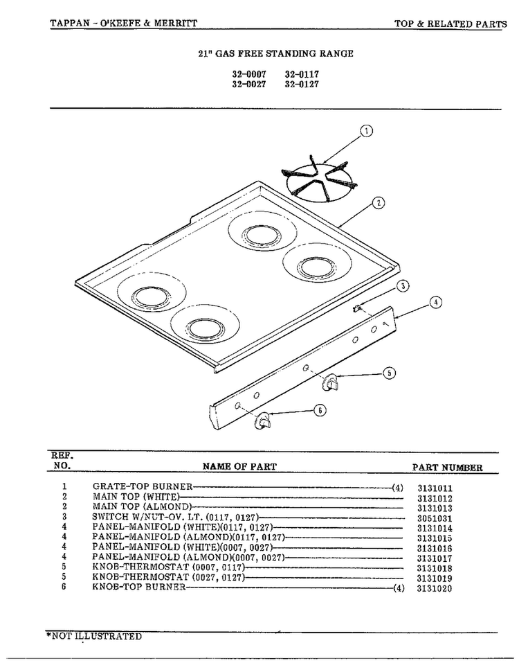 Top And Related Parts Diagram and Parts List for 32-0127  Frigidaire Range