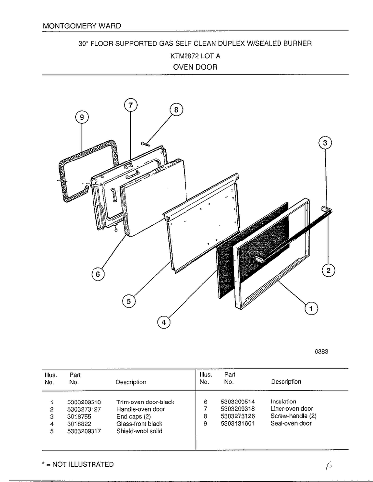 Oven Door Diagram and Parts List for 2872A  Frigidaire Range