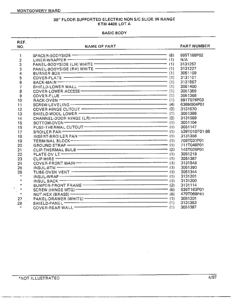 30" Floor/basic Body Page 2 Diagram and Parts List for 4408C  Frigidaire Range