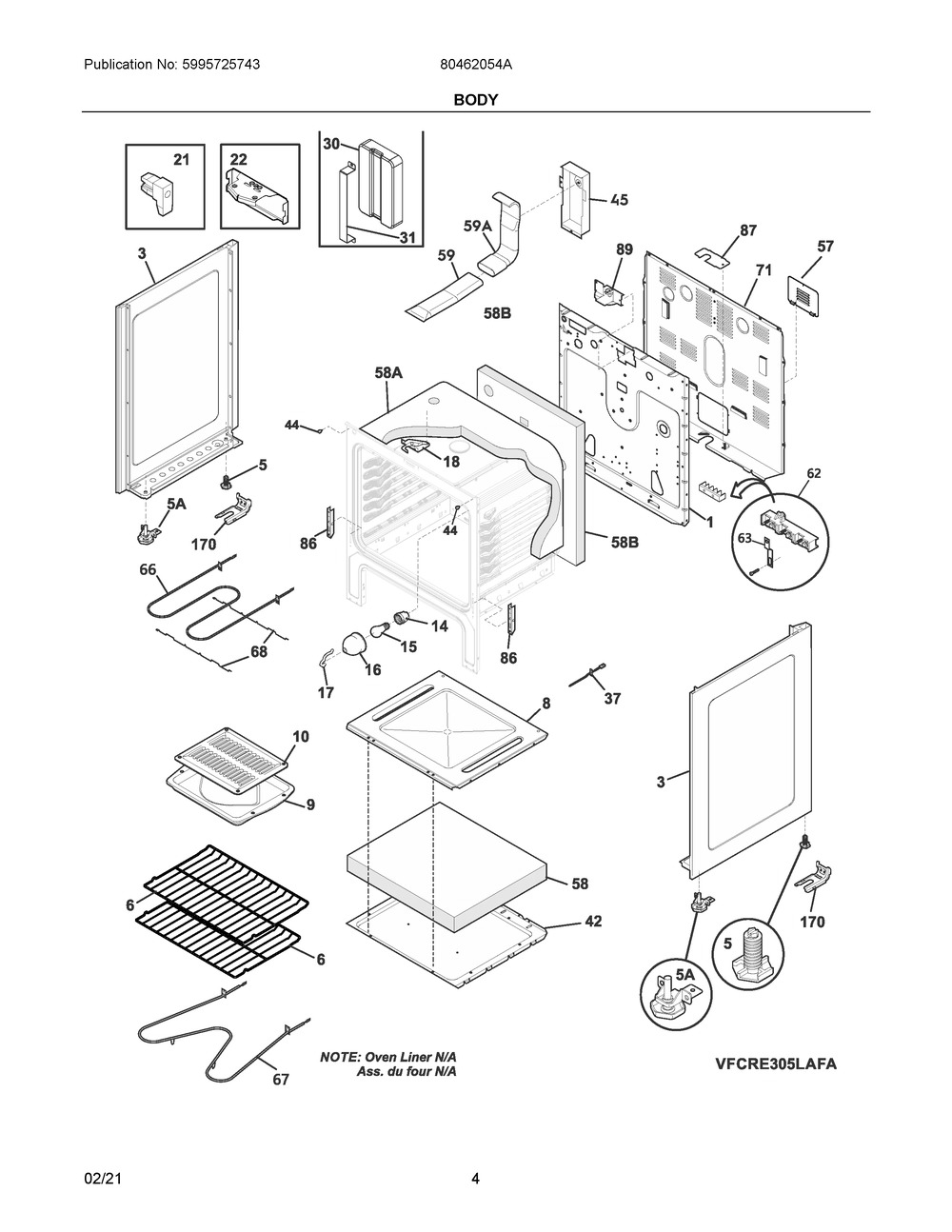Body Diagram and Parts List for 80462054A  Frigidaire Range