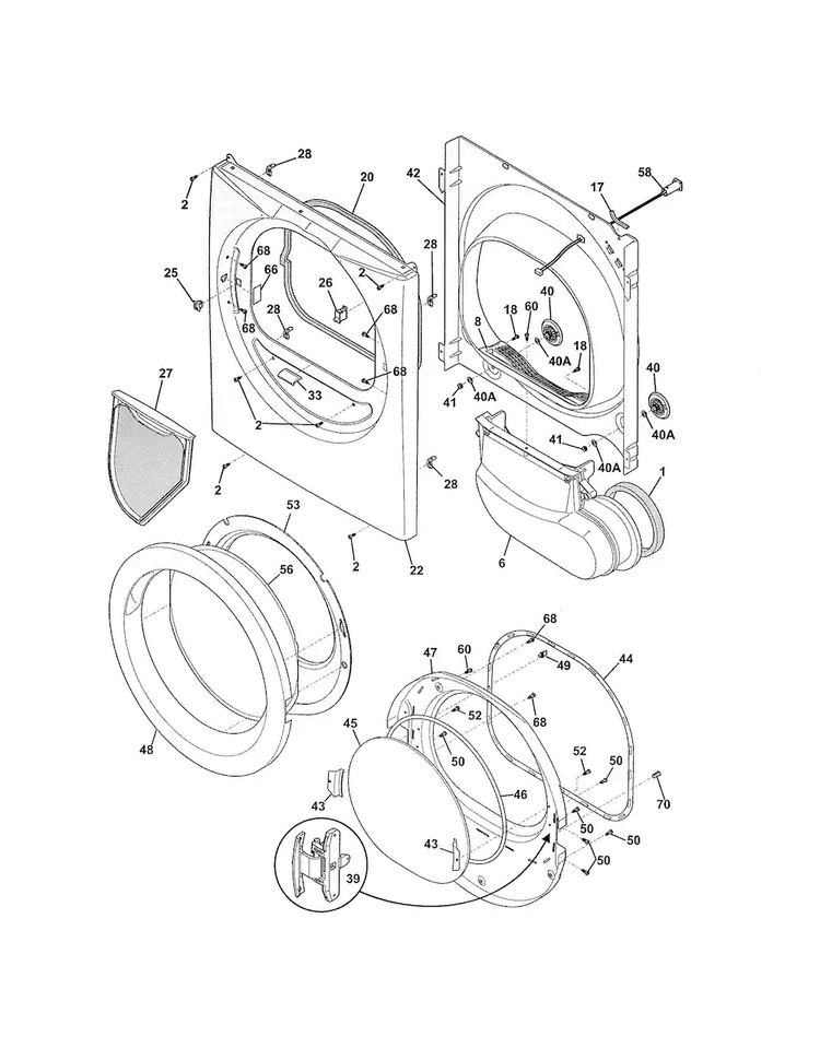 Front Panel/lint Filter Diagram and Parts List for FFSE5115PW0  Frigidaire Dryer