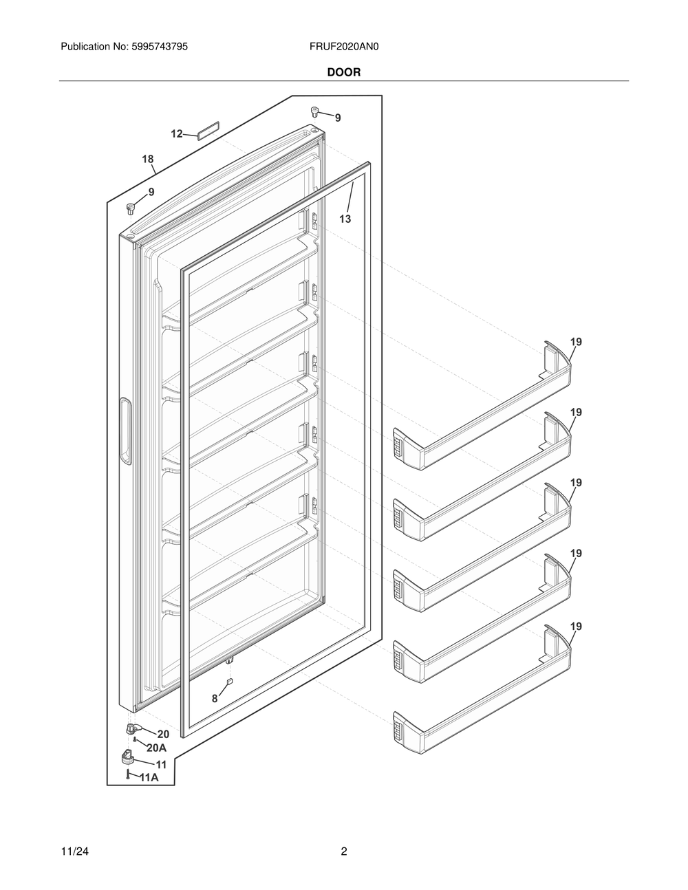 Door Diagram and Parts List for FRUF2020AN0  Frigidaire Freezer