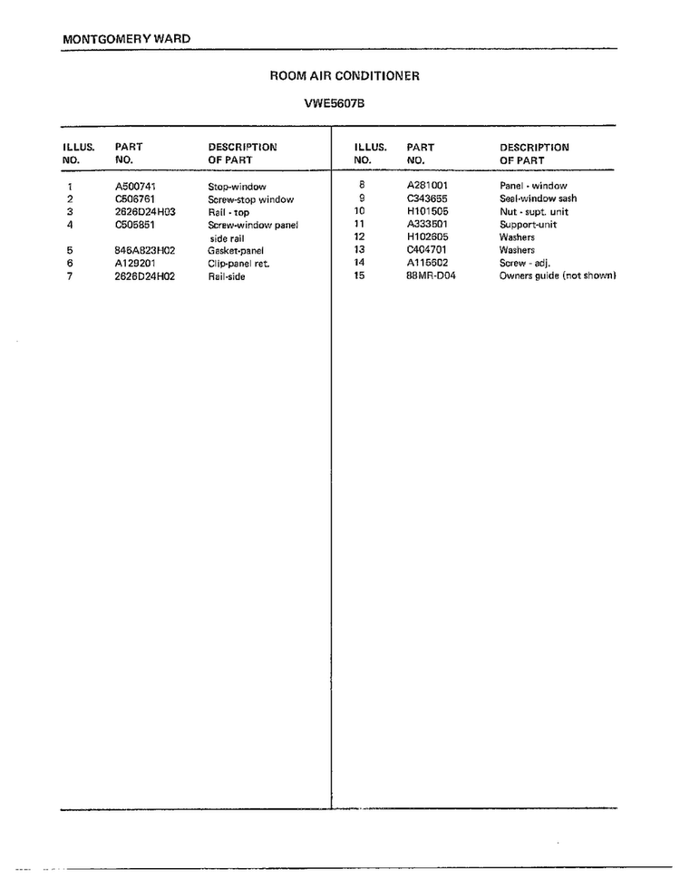 Room Air Conditioner Page 8 Diagram and Parts List for 5607B  Frigidaire Air Conditioner
