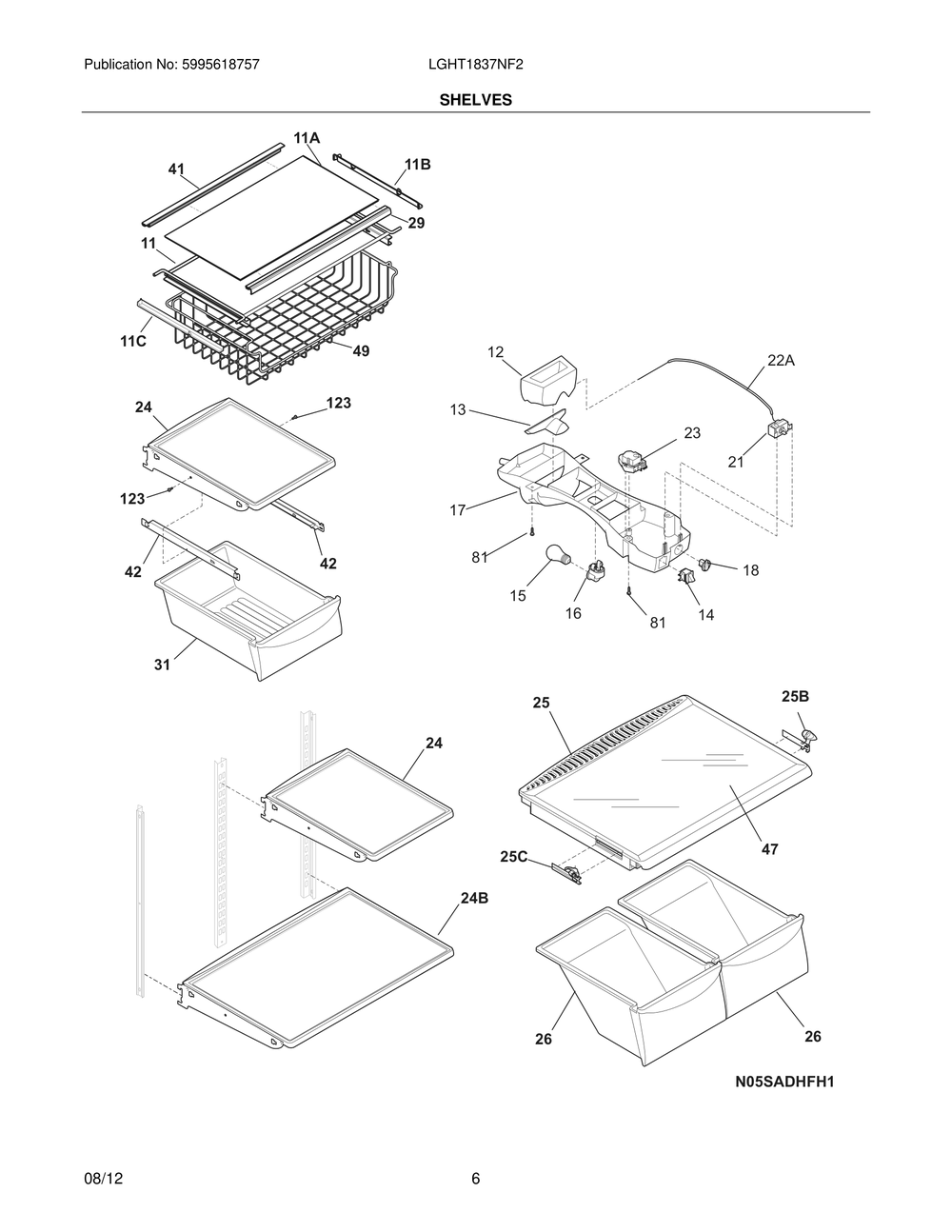 Shelves Diagram and Parts List for LGHT1837NF2  Frigidaire Refrigerator