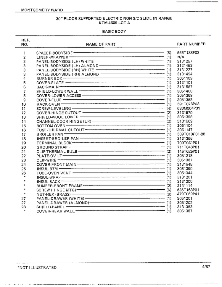 30" Floor/basic Body Page 2 Diagram and Parts List for 4509A  Frigidaire Range