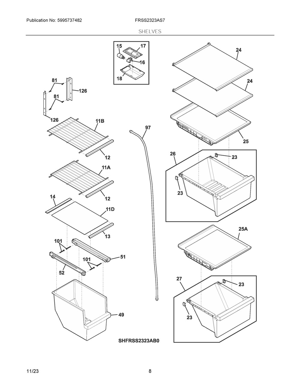 Shelves Diagram and Parts List for FRSS2323AS7  Frigidaire Refrigerator