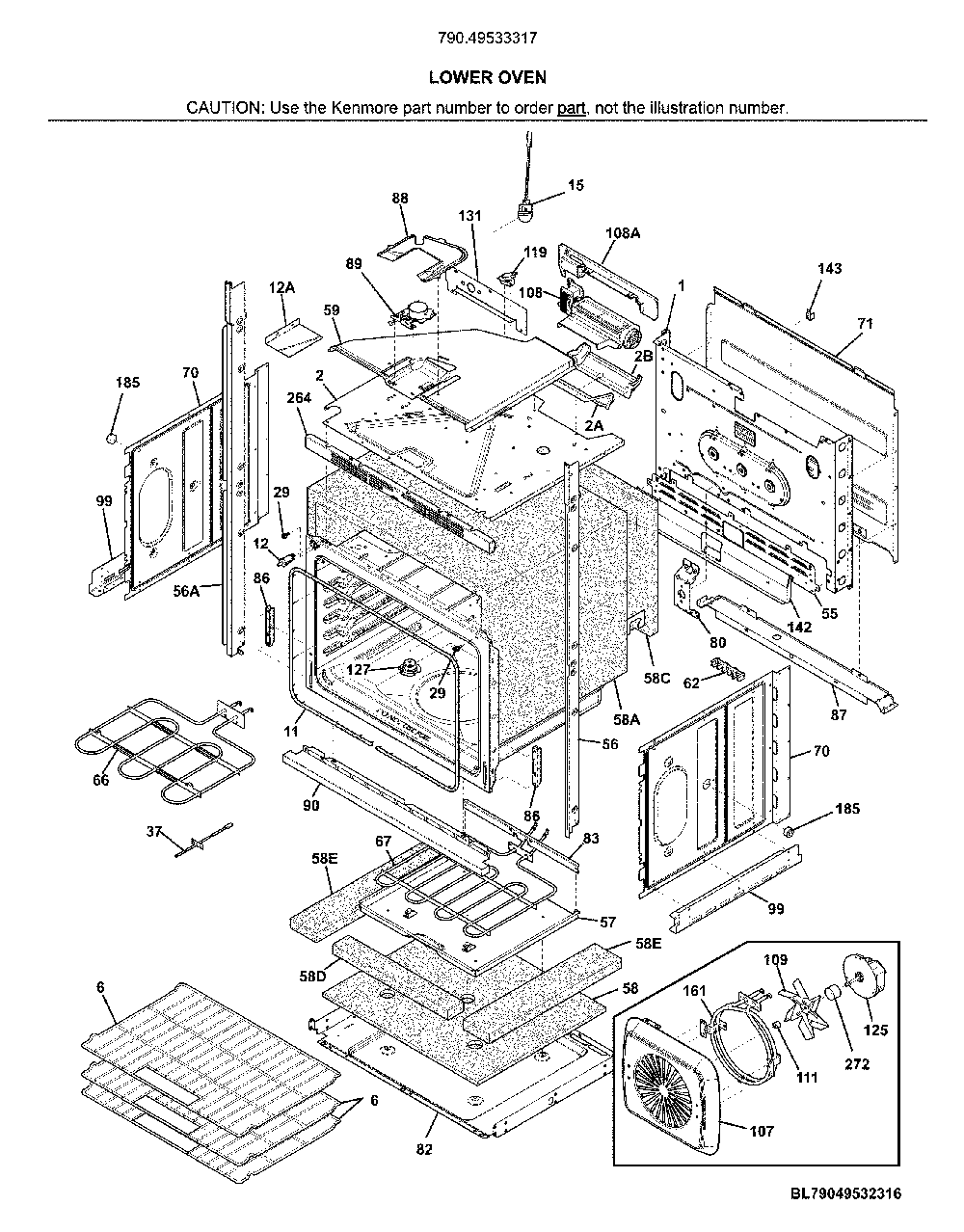 Lower oven Diagram and Parts List for 79049533317  Kenmore Wall Oven