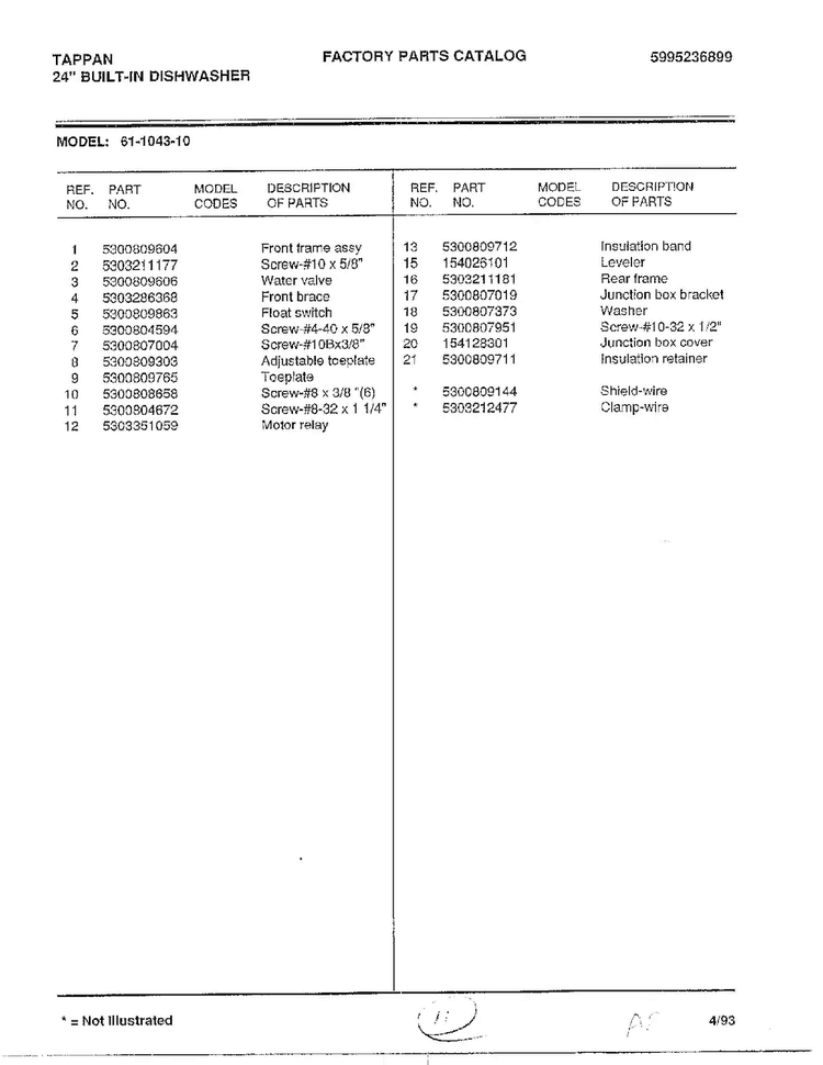 Parts List Diagram and Parts List for 61-1043-10  Frigidaire Dishwasher