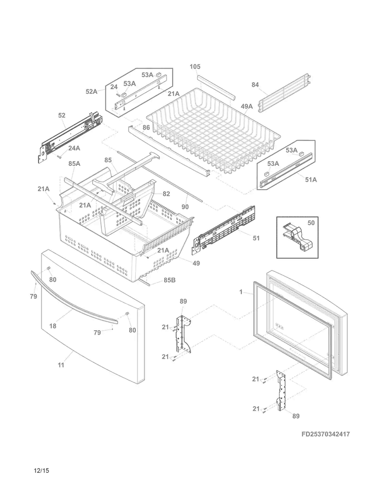 Freezer Drawer, Baskets Diagram and Parts List for 25370342419  Kenmore Refrigerator