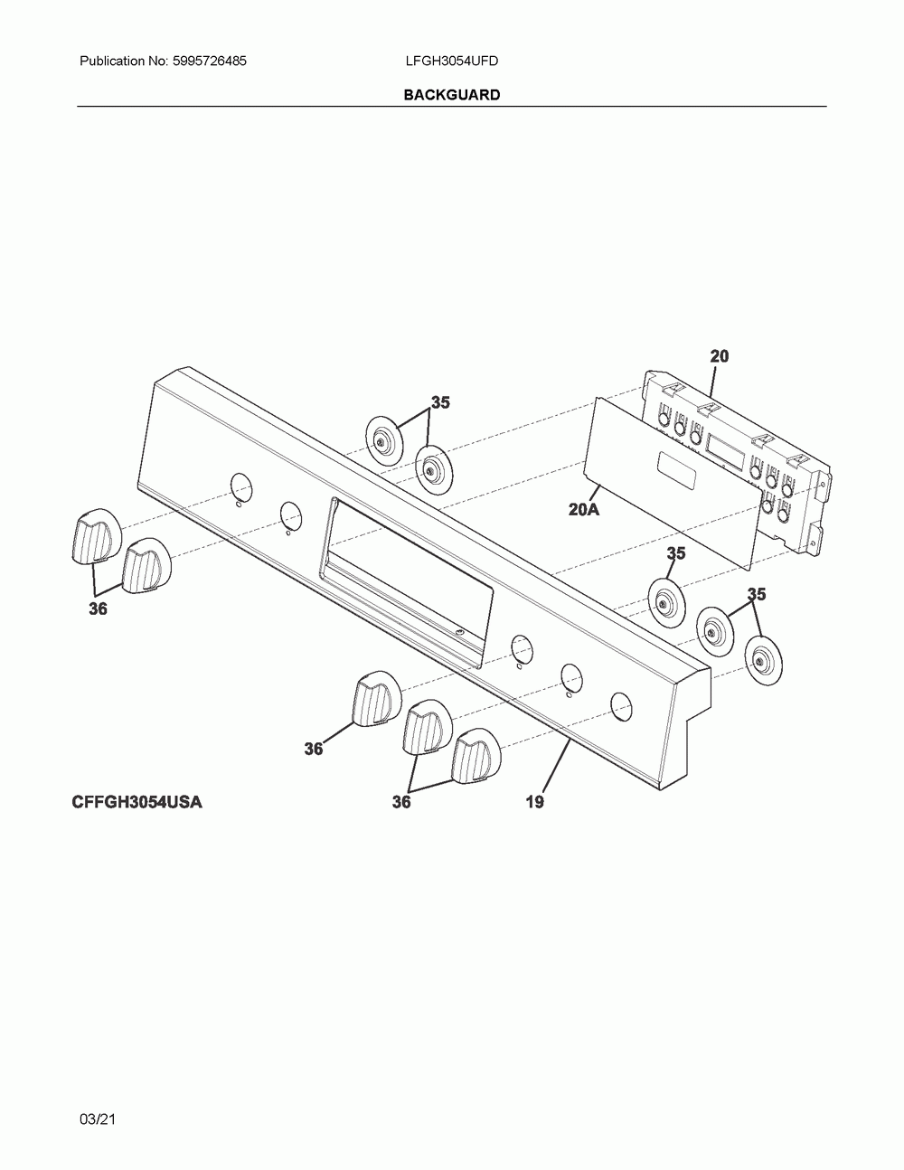 Backguard Diagram and Parts List for LFGH3054UFD  Frigidaire Range