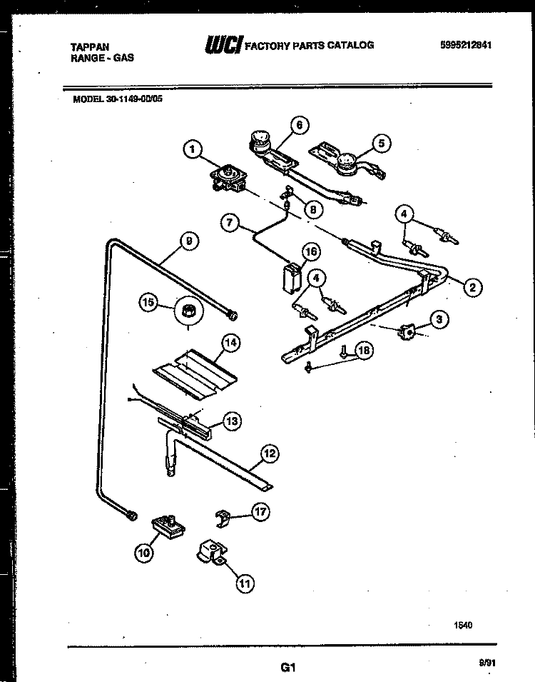 BURNER, MANIFOLD AND GAS CONTROL Diagram and Parts List for 30-1149-00-05  Tappan Range