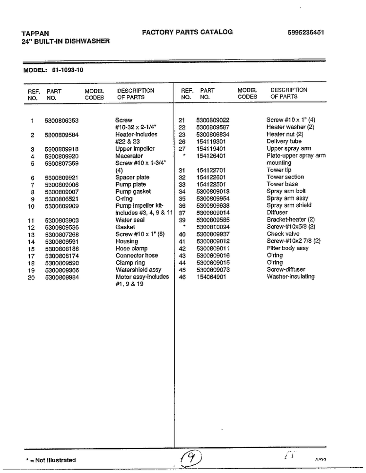 Parts List Diagram and Parts List for 61-1093-10  Frigidaire Dishwasher