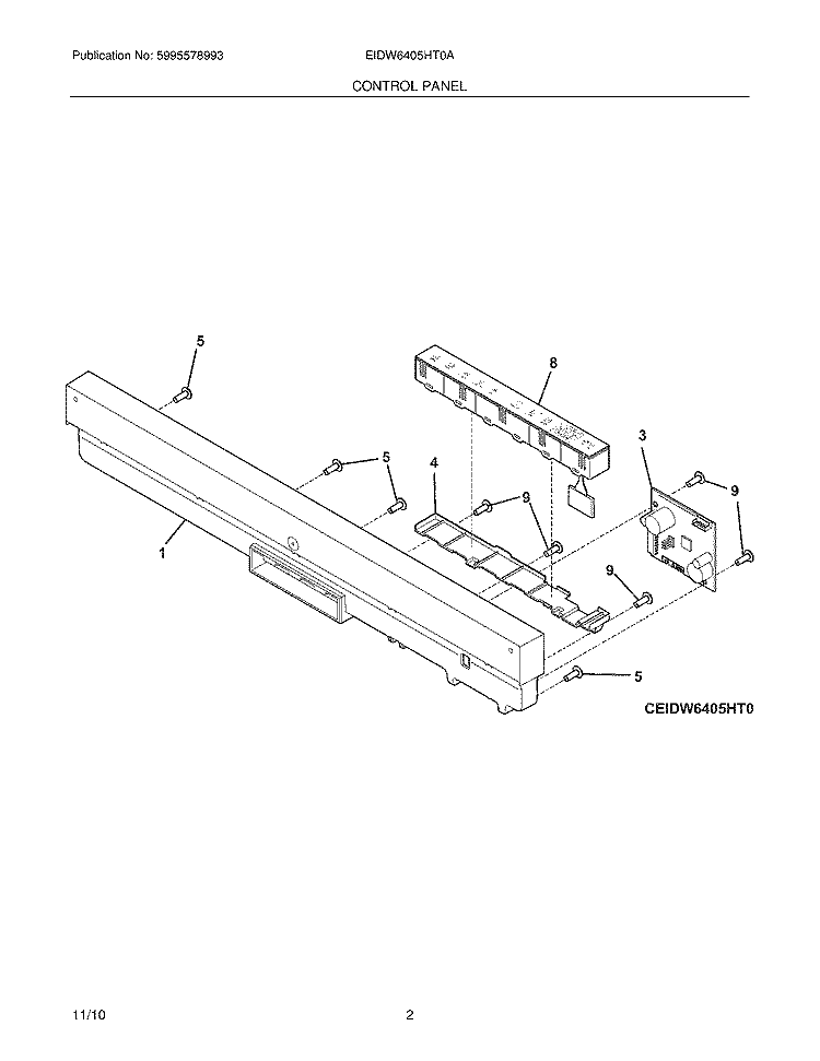 CONTROL PANEL Diagram and Parts List for EIDW6405HT0A  Electrolux Dishwasher