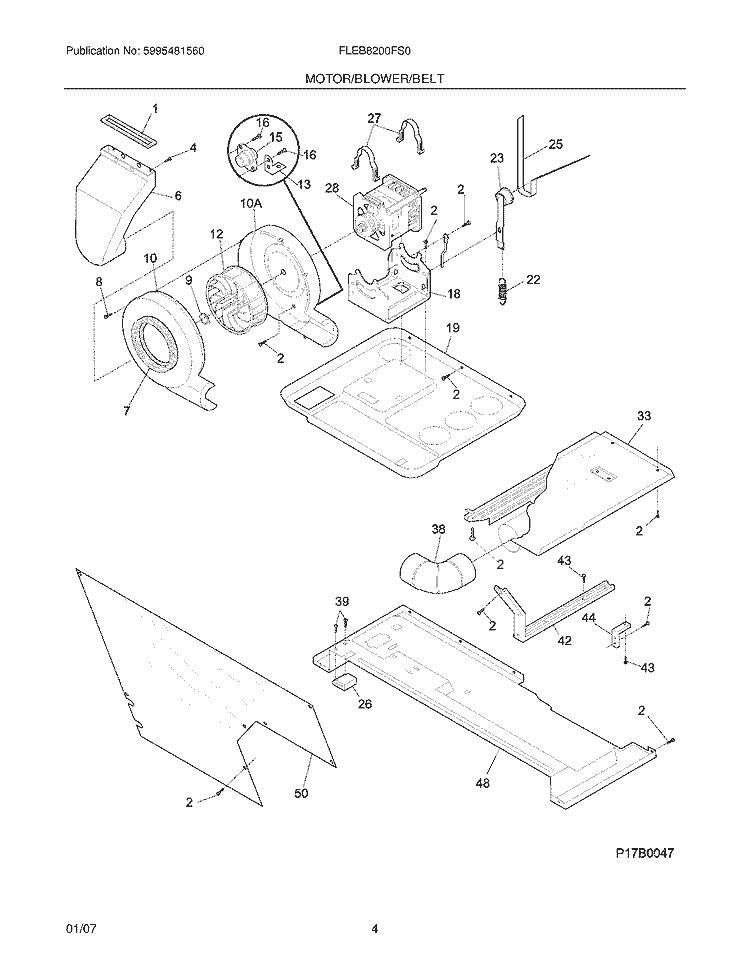 MOTOR / BLOWER / BELT Diagram and Parts List for FLEB8200FS0  Frigidaire Washer Dryer Combo
