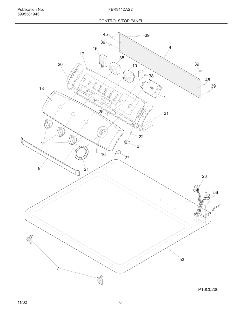Controls/Top Panel Diagram and Parts List for FER341ZAS2  Frigidaire Dryer
