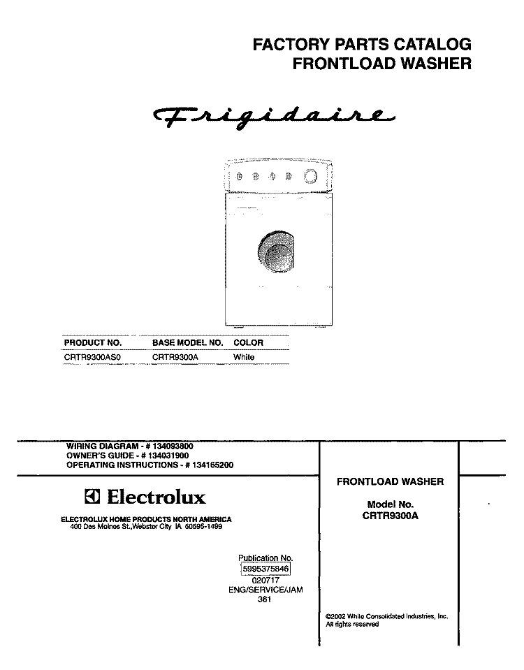 COVER Diagram and Parts List for CRTR9300AS0  Frigidaire Washer