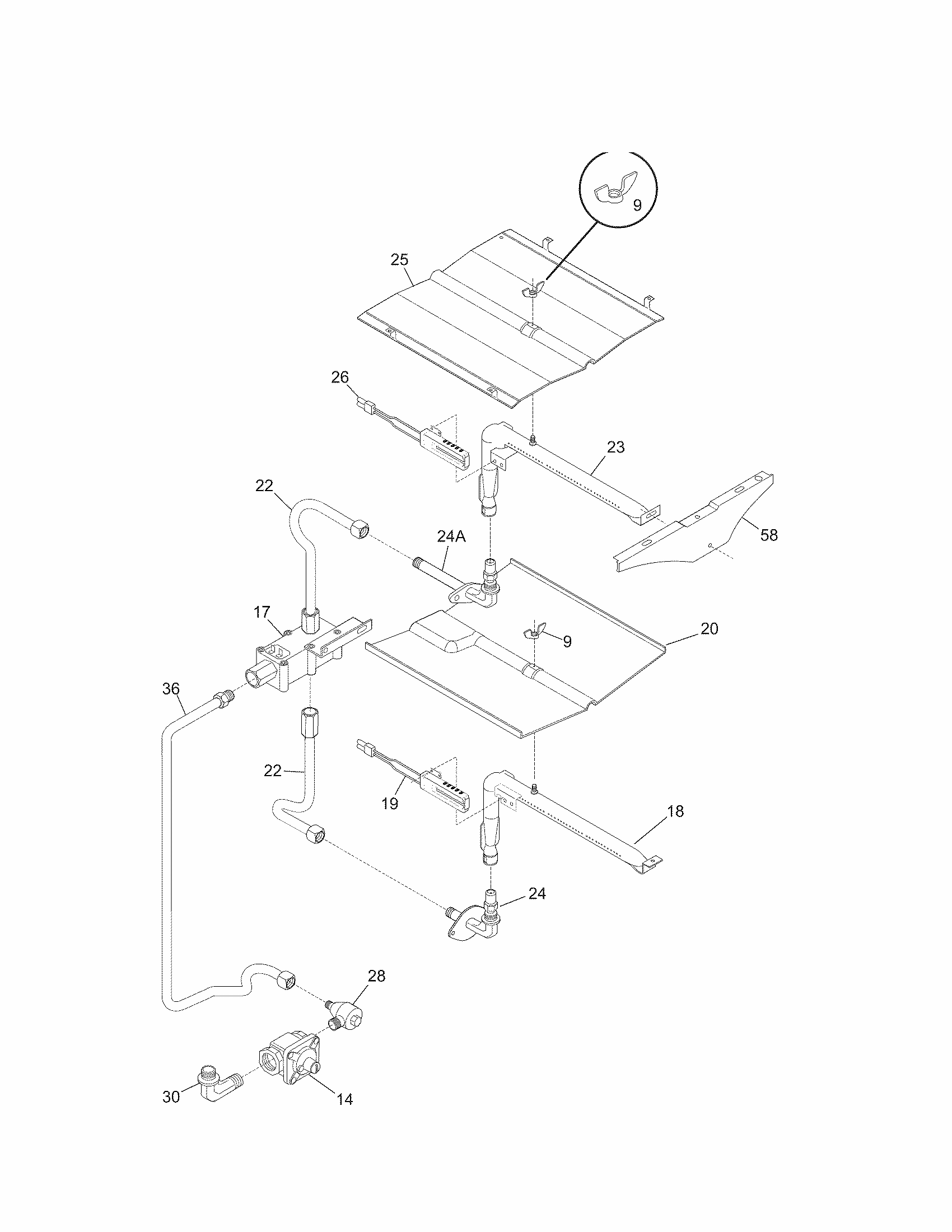 Burner Diagram and Parts List for 79030554802  Kenmore Wall Oven