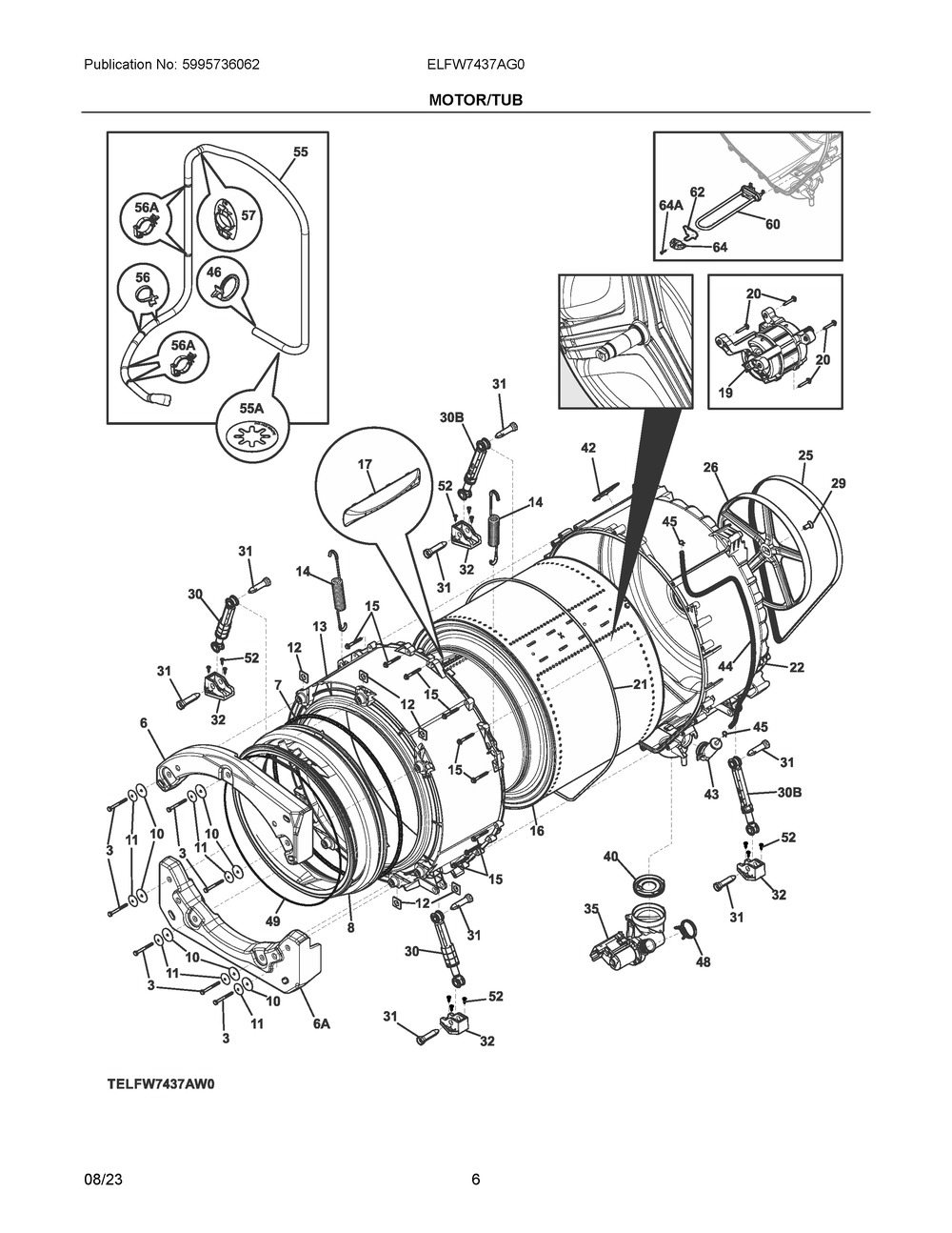 Motor/Tub Diagram and Parts List for ELFW7437AG0  Frigidaire Washer