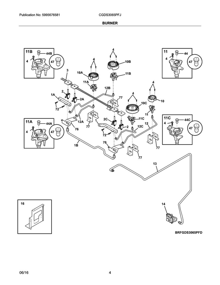 Burner Diagram and Parts List for CGDS3065PFJ  Frigidaire Range